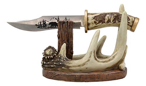 Ebros Gift 10.5" Long Western Wildlife 8 Point Buck Stag Deer Antlers Display Holder with Blunt Stainless Steel Bear Sculpted Dagger Figurine Set Knife Letter Opener Rustic Decorative Sculpture