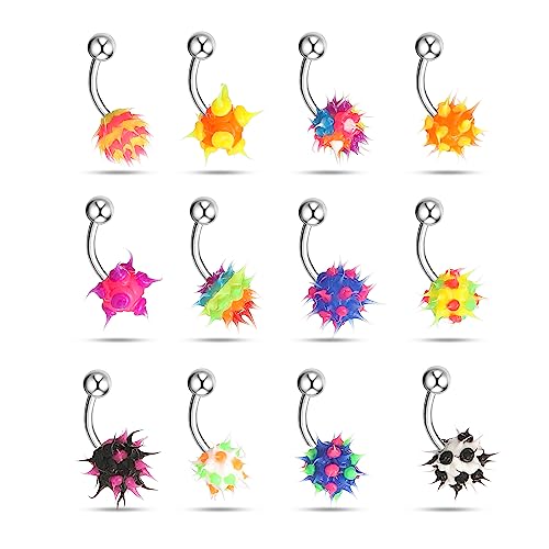Memsion 14G Body Piercing Jewelry Surgical Steel Belly Button Rings Tongue Rings Packs Silicone Spike Ball Barbell Belly Tongue Nipple Rings Piercing for Women
