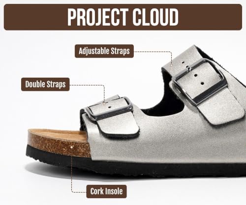 Image of Project Cloud 100% Genuine Leather Flat Sandals For Women 2026 Cork Footbed Womens Sandals with Memory Foam and arch support Vacation Essentials Slides for Women Footwear (Venita)