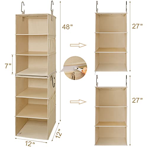 Topia Home 6-Shelf Hanging Closet Organizer, Two Separable 3-Tier Thickened Fabric Hanging Closet Shelves With Mesh Pockets, Collapsible Closet Organizers And Storage Organization, Beige #TOP2