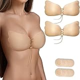 Adhesive Bra Strapless Sticky Bras 2 Pairs,Push Up Sticky Lifting Bra for Women,Invisible Magic Bra for Backless Dress with Nipple Covers (Nude+Nude/E)