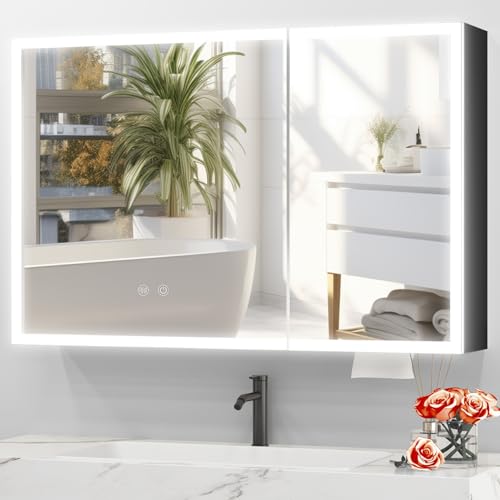 JBLCC Medicine Cabinet with Light (Full Assembled), 39.37''x23.62'' LED Lighted Bathroom Mirror with Storage, Smart Anti-Fog, Aluminum Wall Mounted or Recessed Medicine Cabinet, Black