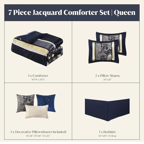 Image of CozyDH 7-Piece Navy Blue Comforter Set Queen - Luxury Jacquard Damask Vintage Floral Gold Striped Bed in a Bag, All Season Down Alternative Bedding with Bed Skirt, Shams, Decorative Pillows, 90x90 in