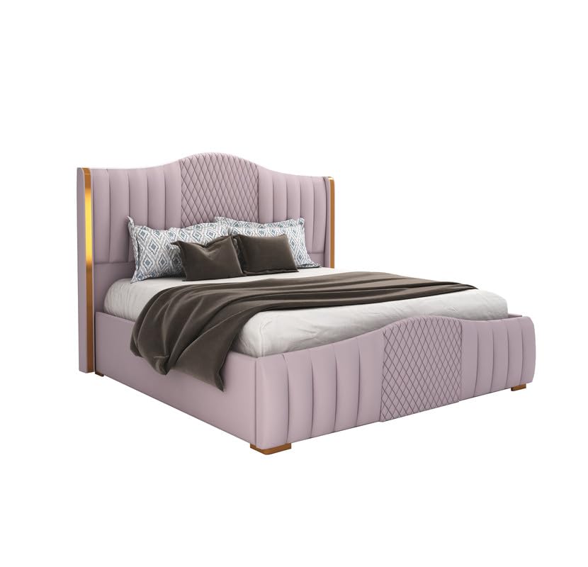 Image of MAMTA DECORATION Solid Wood King Size Bed for Bedroom with Box Storage | Premium Velvet Upholstery Double Bed with Tufted Headboard | Modern Palang Cot Bed for Home, Hotels & Guest Room | Light Purple