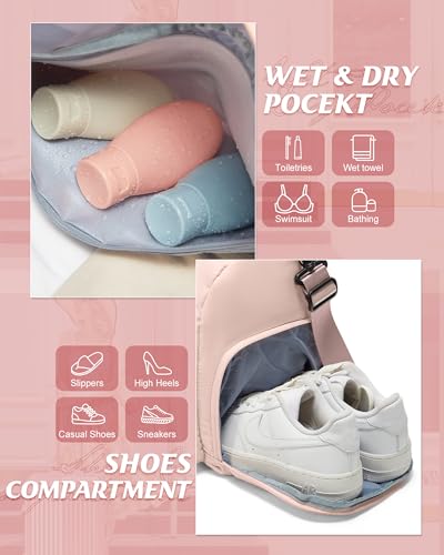 Image of Gym Bag for Women with Shoe Compartment Lightweight Travel Duffle Bags Carry on Bag Overnight Weekender Duffel Bag with Wet Pocket Personal Item Travel Bag Tote Bag Workout Dance Bag Pink