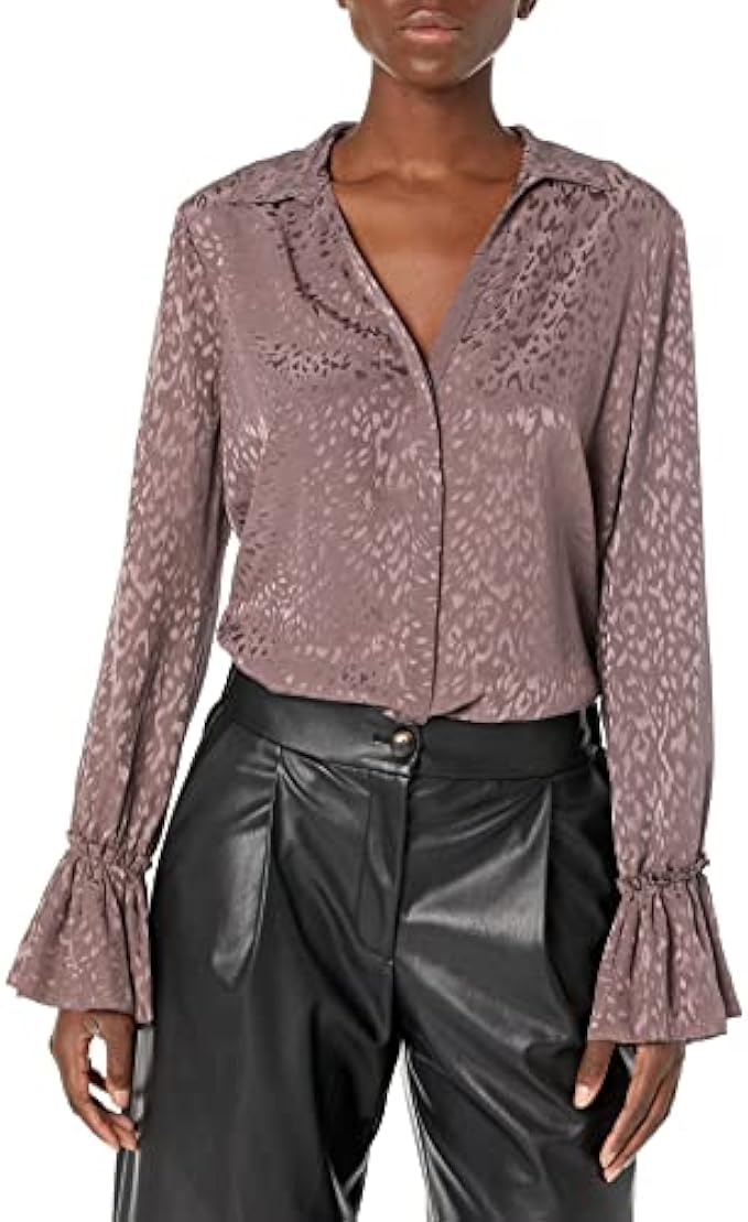 PAIGE Women's Abriana Shirt Button Down Pleated Sleeve Luxe Matte Satin in Truffle