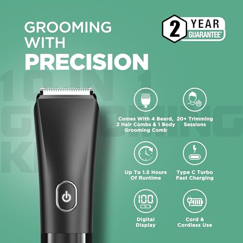 Image of Havells 10 in 1 Digital Grooming Kit |2-in-1 Special Blade|Nose & Ear Attachment|Ceramic Body Groomer |4 Beard, 2 Hair Combs & 1 Body Groomer Comb|Type C Turbo Charge|No Nicks & Cuts|2 Year Guarantee|GS6668
