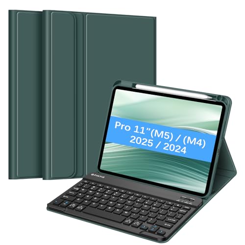 Image of FINTIE Keyboard Case for iPad Pro 11-inch (M5) 2025 / (M4) 2024 - Protective Soft TPU Back Stand Cover with Pencil Holder, Magnetically Detachable Wireless Bluetooth Keyboard, Midnight Green
