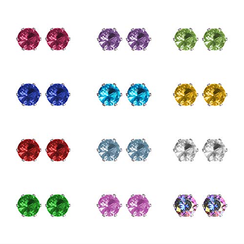 12 Pairs Stainless Steel CZ Stud Earrings for Women, Brilliant Cut Round Cubic Zirconia Stud Earrings, Birthstone Stud Earrings Set4