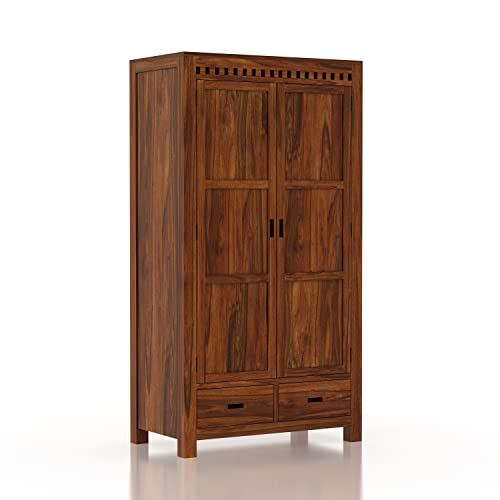 Image of Ganpati Arts Sheesham Wood Armania Wardrobe with Drawer for Bedroom Living Room Wooden Almirah (Natural Finish)