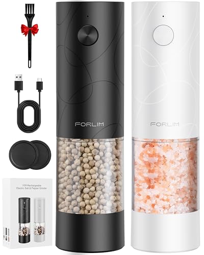 FORLIM Rechargeable Electric Salt and Pepper Grinder Set, Salt and Pepper Mill with Ceramic Grind, Dust Cover with One-Button Control, Adjustable Coarseness, LED Light, for Home & Kitchen, Black&White