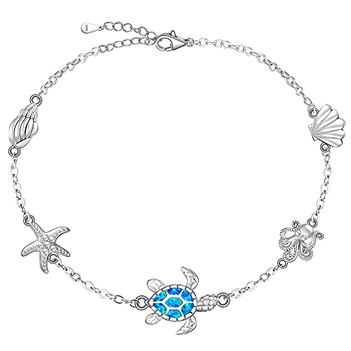 Image of Sea Turtle Ankle Bracelets for Women Blue Opal Sterling Silver Beach Starfish Octopus Conch Ocean Anklets Jewelry Gifts