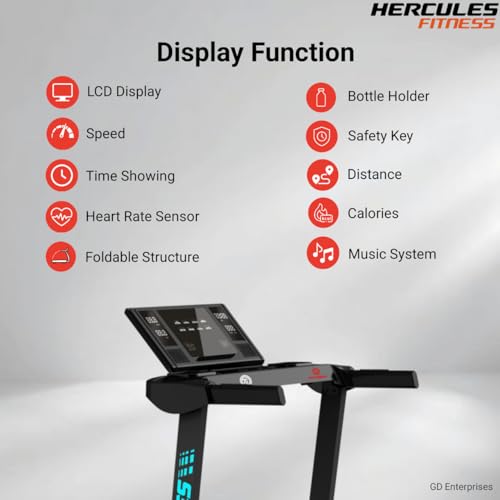 Image of Hercules Fitness T2200 1.5 /3.0 HP Peak BLDC Motorized Foldable Treadmill | 3 Level Manual Incline | Bluetooth MP3 Player Available | Max Speed 16 Km /Hr | Max User Weight 110 Kg