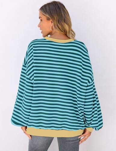 Image of UEU Women Oversized Striped Crewneck Sweatshirt Long Sleeve Color Block Pullover Tops Casual Loose Workout Shirt