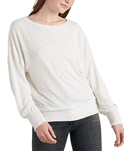 Lucky Brand Women's Long Sleeve Scoop Neck Geo Cloud Jersey Smocking Top, Cream Multi, X Small