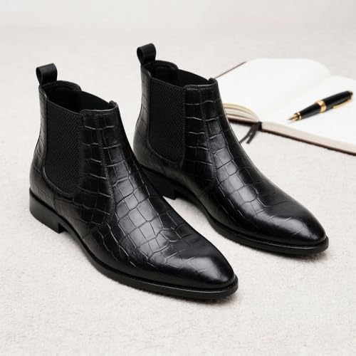 Image of Hayes London Chelsea Boots for Man | Crust Leather Black Ankle Boots | Cuban Heel Pointed Toe Stylish Formal & Casual Boots for Men | Slip-On Elastic Side Panel