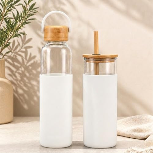 Image of Giftana Personalized Borosilicate Glass Water Bottle 500ml with Glass Sipper Tumbler 450ml, Reusable Leakproof Drinking Bottle with Silicone Sleeve, Eco-Friendly Bottle for Office Gym Travel (White)