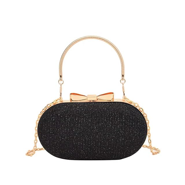Elegant Oval Evening Clutch Purse – Glitter Gold Hard Shell Handbag with Bow Accent & Chain Strap-image-20