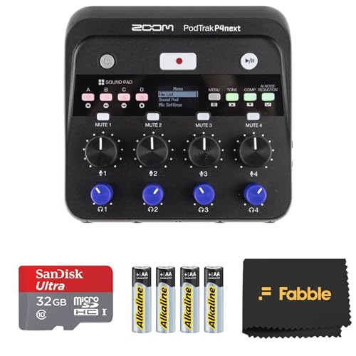 Zoom PodTrak P4next   El paquete de grabadora de podcast portátil multipista incluye una tarjeta de memoria microSDHC de 32 GB con adaptador y 4 pilas AA, perfecta para grabar podcasts en cualquier