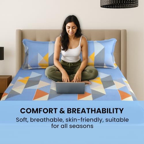Image of Mafatlal Plush 140 GSM Double Bed Sheet | Breathable Microfiber | 90 x 100 Inches | Queen Size | Soft, Smooth & Durable | Light Blue