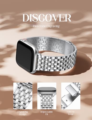 Image of W-RARA Compatible with Apple Watch Band 38 /40 /41 /42 /44 /45 /46 /49mm Women Men, Dressy Stainless Steel Seven-link Horizontal Texture Metal Strap for iWatch Series 11 10 9 8 7 6 5 4 SE Ultra 3 2 1