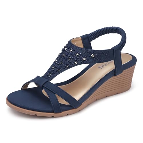 TEMOFON Sandals Women Wedge Dressy: Summer Comfortable Platform Dark Blue