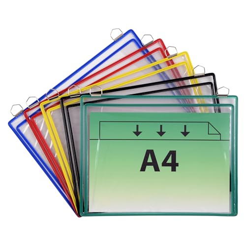 TARIFOLD Es 340009- Pack de 5 fundas Bolsas para colgar A4 horizontal con fuelle (gran capacidad: documentos, manuales, herramientas) 2 anillas metálicas - PVC - marco colores surtidos