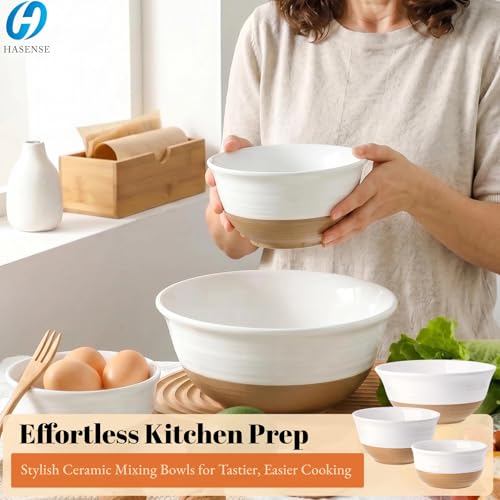 HASENSE Ceramic Mixing Bowls, Large Serving Salad Pasta Bowls Set, 2.1/1.0/0.5 Qt for Entertaining, White Nesting Batter Bowls for Prepping Baking, Dishwasher Microwave Safe, Set of 3 — view 2