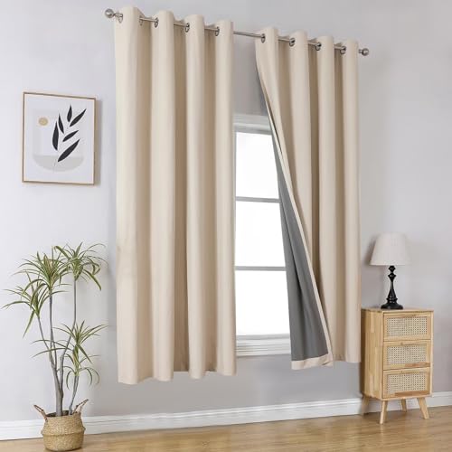 Image of Joydeco Natural Blackout Curtains 63 Inch Length for Bedroom, Black Out Curtains 63 Inch Long 2 Panels Burg for Living Room, Thermal Insulated Solid 63 Inch Drapes with Grommets