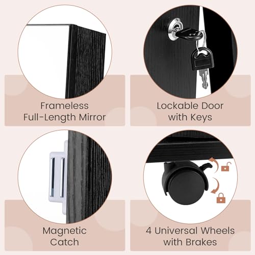 COSTWAY 360° Swivel Jewellery Cabinet, 3-Color LED Lights Lockable Jewelry Armoire with Full Length Mirror, Large Storage and Wheels, Mobile Freestanding Jewellery Organiser Unit Gift (Black)