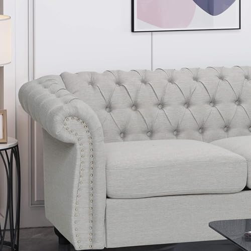 Image of Modern and Stylish 3 Seater Chesterfield Luxury Sofa with Valvet and Fabric Comfortable Sofa for Living Room, Dining Room, Hallway, and Office-(GREYY).
