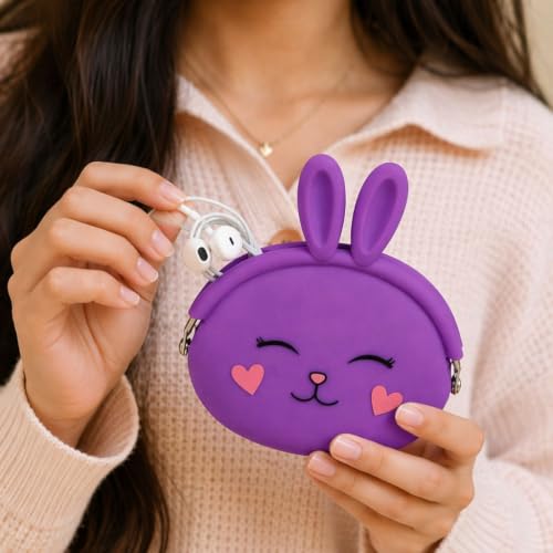 Image of FunBlast Cute Bunny Shape Silicone Coin Purse for Kids & Adults - Mini Pouch for Coins, Earphones, Keys & Small Essentials, Aesthetic Pouches for Girls & Women - 12 X 9.5 X 3 Cm (Bunny-Purple)