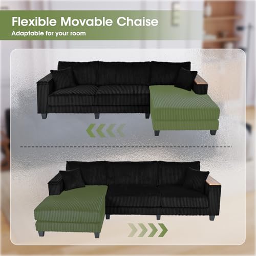 Image of 114.5 inch Corduroy Couch Sectional with Reversible Chaise with 2 Pillows Oversized Couch L Shaped Sofa with Two Armrests Hidden Storage Space Sectional Couches for Living Room Black