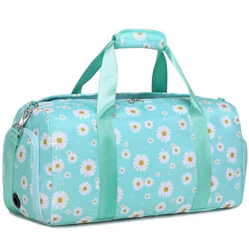 Sports Bag for Girls, Green Daisy Duffle Bag for Girl Women Gym Sports Ballet with Shoe Compartments, Girls Overnight Weekender Carry On Travel Bag