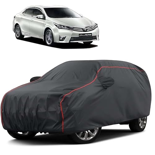Image of Sulfar 100% Water Resistant Car Body Cover Compatible with Mirror for Toyota Altis (Triple Stitched, Full Bottom Elastic, Dark Grey Taffeta with Red Piping)