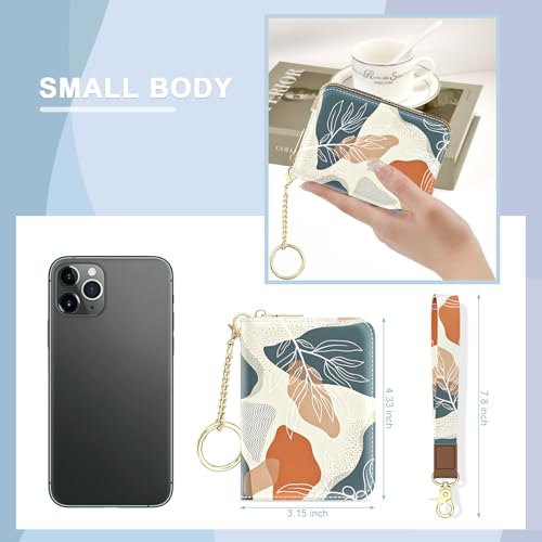 Image of Aiawoxc Credit Card Holder, Small RFID Wallet Slim Leather Card Organizer Case with Zipper and Wristlet Strap, Abstract Boho Leaf