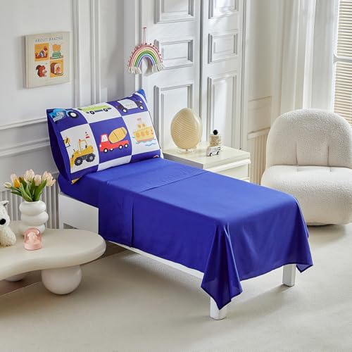 Image of White Navy Toddler Bedding Set for Boys Girls Colorful Cars Vehicle Auto Fire Engine Bulldozer 4PC Toddler Bed Set - Soft Cute Toddler Plaid Patchwork Bed in a Bag with Sheet Set and Pillow Shams
