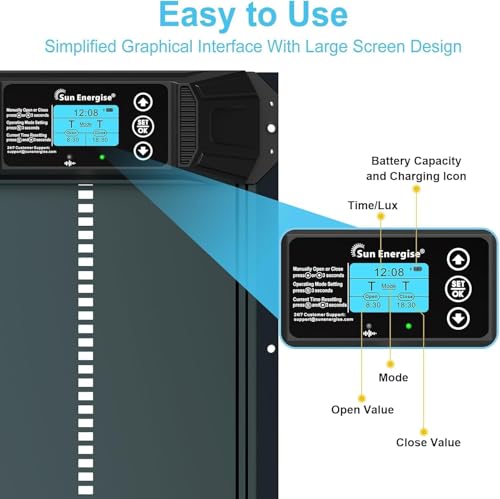 Porta automática de galinheiro alimentada por energia solar, tela LCD, design anti-beliscão, porta d