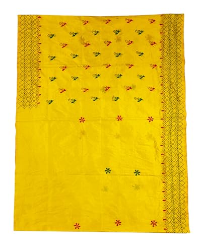 Image of SHRISTI CLOTHINGS Women's Hand Embroidered Cotton Silk Kantha Stitch Saree with Blouse Piece (SB4200924 YELLOWD95)