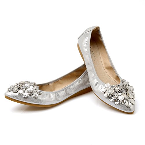 Meeshine Womens Foldable Soft Pointed Toe Ballet Flats Rhinestone Comfort Slip on Flat Shoes(9.5 B(M) US,Silver) - Thumbnail 2