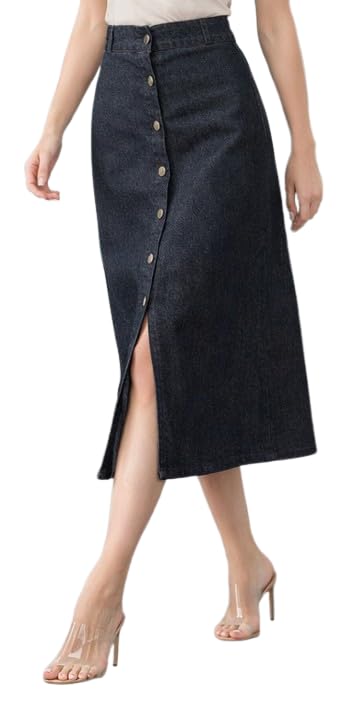 Image of Flared Comfortable Solid Long Denim Skirt for Women & Girls
