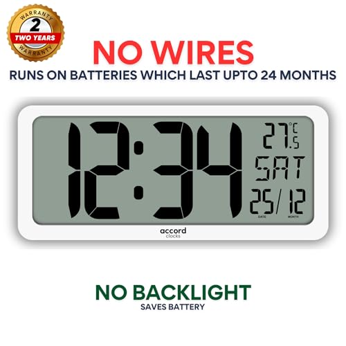 Image of Large Digital Wall Clock 14 Inch - Battery Operated (No Wires), Big Display with Alarms, Day & Date (Indian Format), Room Temperature -Plastic,White