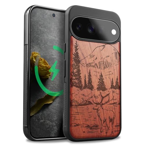 Google Pixel 11 case magnétique bois Carveit étui antichoc au motif de cerf rosé