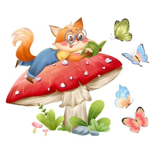Winhappyhome Mushroom Study Fox Butterfly Pattern Wall Art Stickers Glass Window Stickers Toilet Lid Decal