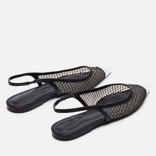 Black Slingback Flats for Women Stylish Pointed Toe Design with Rhinestone Embellishments Comfortable Mesh Material for Breathable Slip on Experience Size 6.54