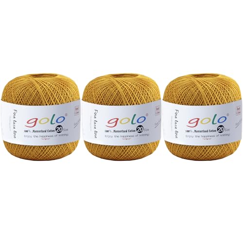 Image of golo 3 Balls Crochet Thread Size 20 Embroidery Thread Crochet Yarn for Hand 603 Gold