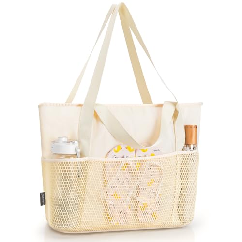 KABAQOO Large Beach Bag Waterproof Sandproof Tote Bag for Women with Zipper & Mesh Pockets for Pool Swim Travel Everyday