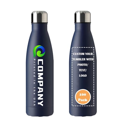 Personalized 17oz Insulated Water Bottle, Double Wall Stainless Steel Water Bottle Leak-Proof, Reusable Water Bottle for Sports & Travel, Navy, 100 Pack