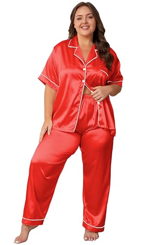 Image of Vozanet Women's Button Down Satin Pajama Sets Silky Short Sleeve Top & Pants Plus Size Loungewear Classic Sleepwear XL to 5XL