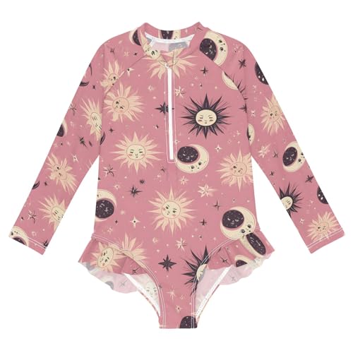 ALAZA Toddler Swimsuit Girl Bathing Suit Swimwear Rash Guard Cute Moon Sun Long Sleeve 3T